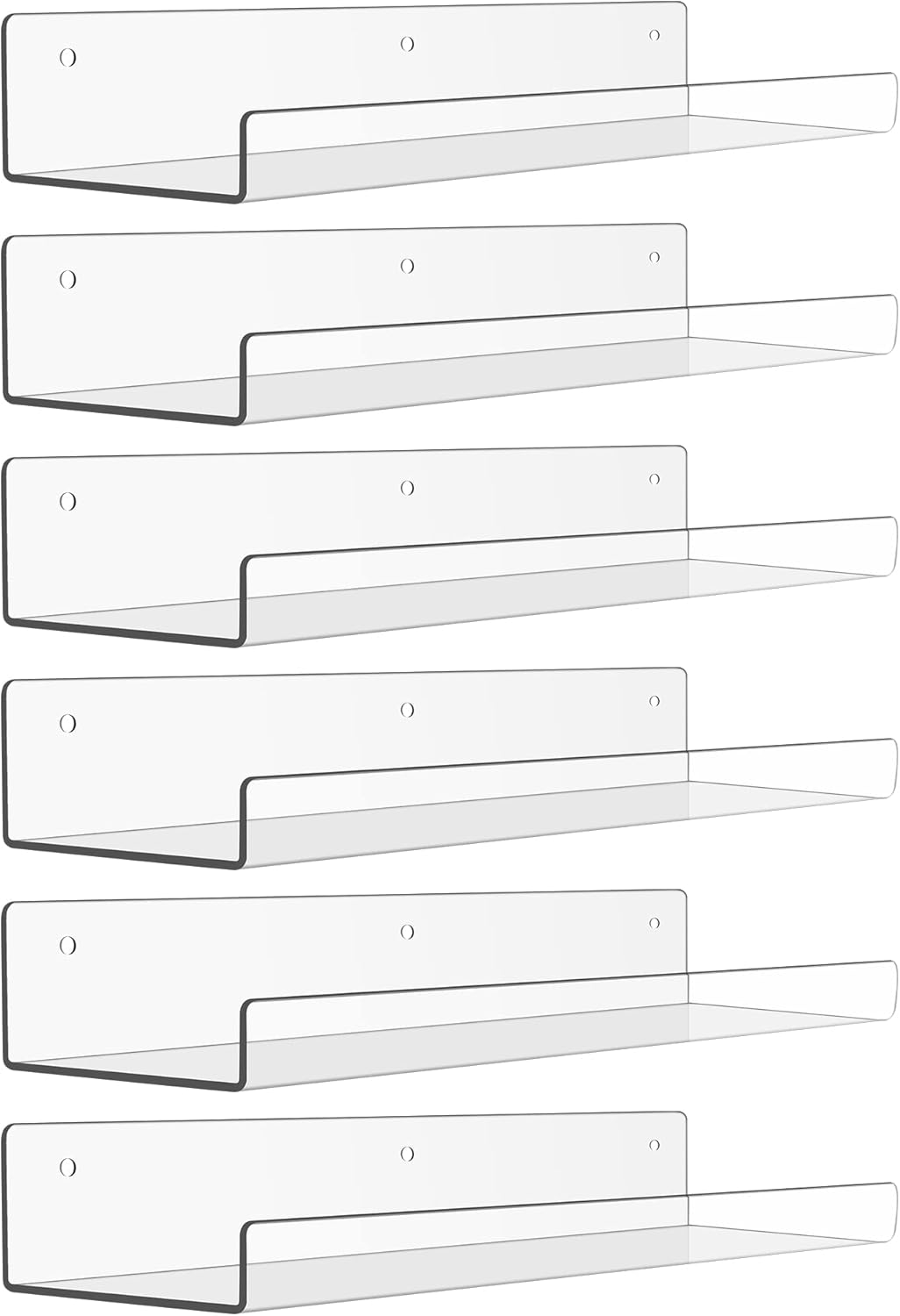 upsimples 15″ x 4″ Acrylic Shelves for Wall Storage and Organizer, 6 Pcs | Versatile Clear Floating Bedroom Shelves for Figures & Collectibles, Kids Bookshelf, Invisible for Displaying, Room Décor