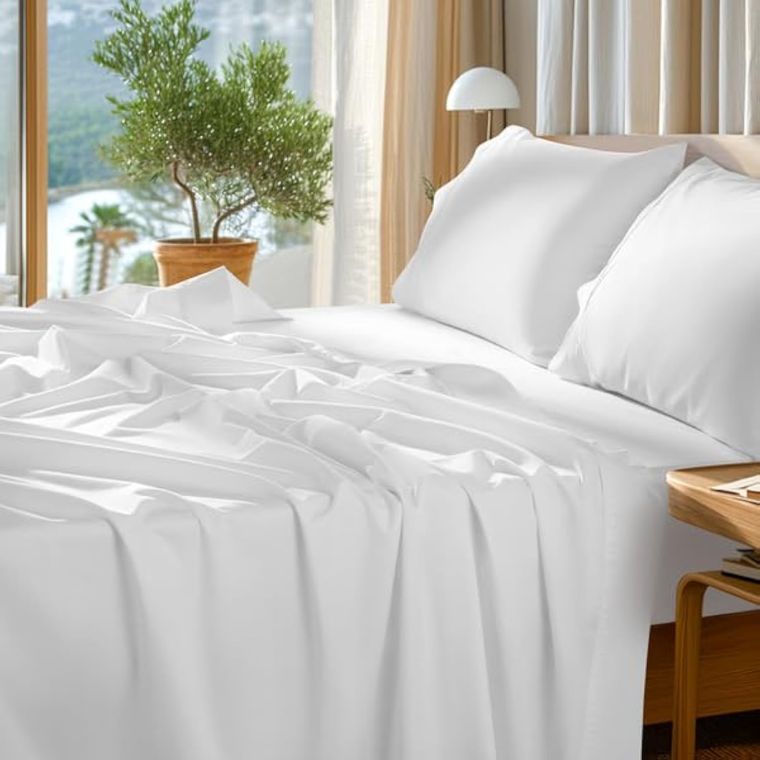 SONORO KATE 1000 Series 100% Egyptian Cotton Queen Sheet Set,4 Pieces | Soft,Breathable Long Staple,Sateen Weave,Luxury 5-Star Hotel Bed Sheets,16″ Deep Pocket,White