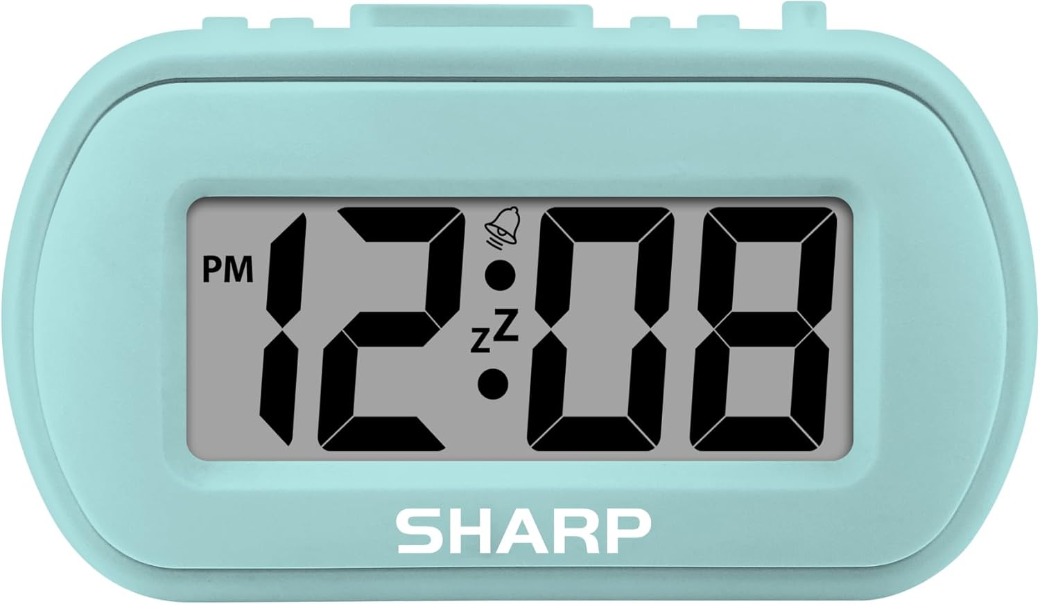 Sharp Battery Alarm Clock with Soft-Touch Case and Blue Backlight, Mint | Soft-touch rubberized case; Battery operated; Blue backlight on demand; Ascending alarm; Snooze; Easy to use