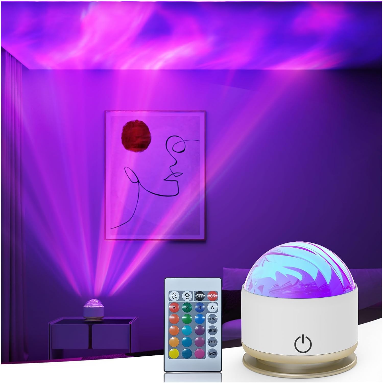 HUMIIEYE Northern Light Projector, Battery Operated Aurora Night Light, 16 Colors Galaxy Lamp Ocean Wave Ceiling Projector Mood Ambient Lighting for Bedroom Party Adults Kids Room Toddler Girl Gift
