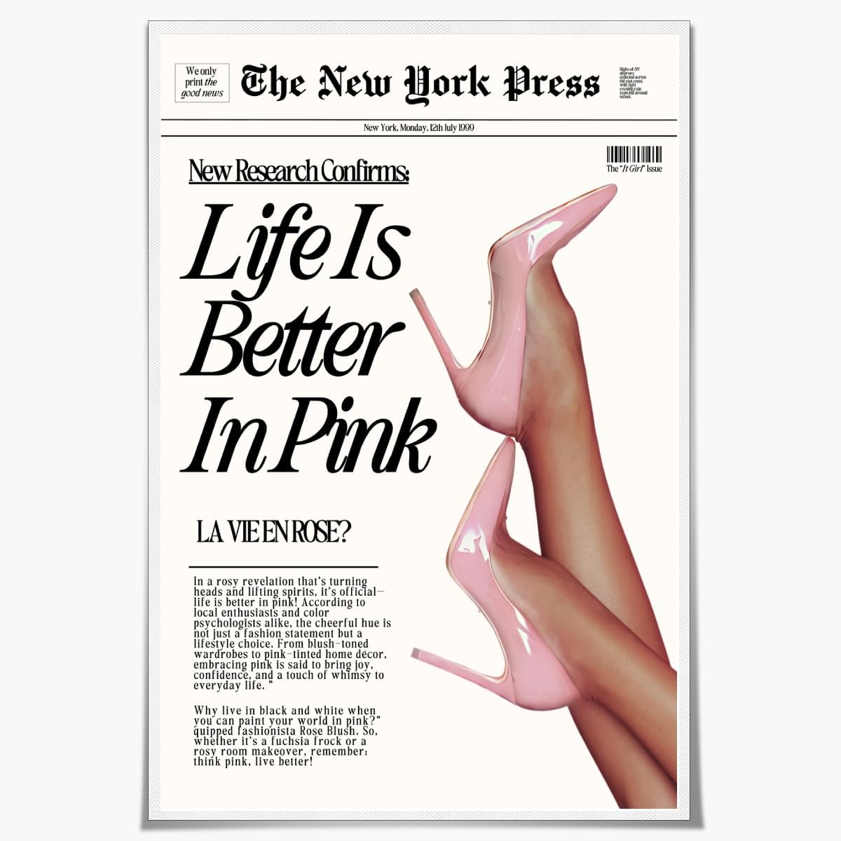 Trendy Baby Pink Poster 70s Canvas Prints The New York Press Wall Art Life Is Better in Pink Hot Girl Posters Preppy Aesthetic Decor Bedroom for Cool Girly Room Home Dorm 12x16inch Unframed