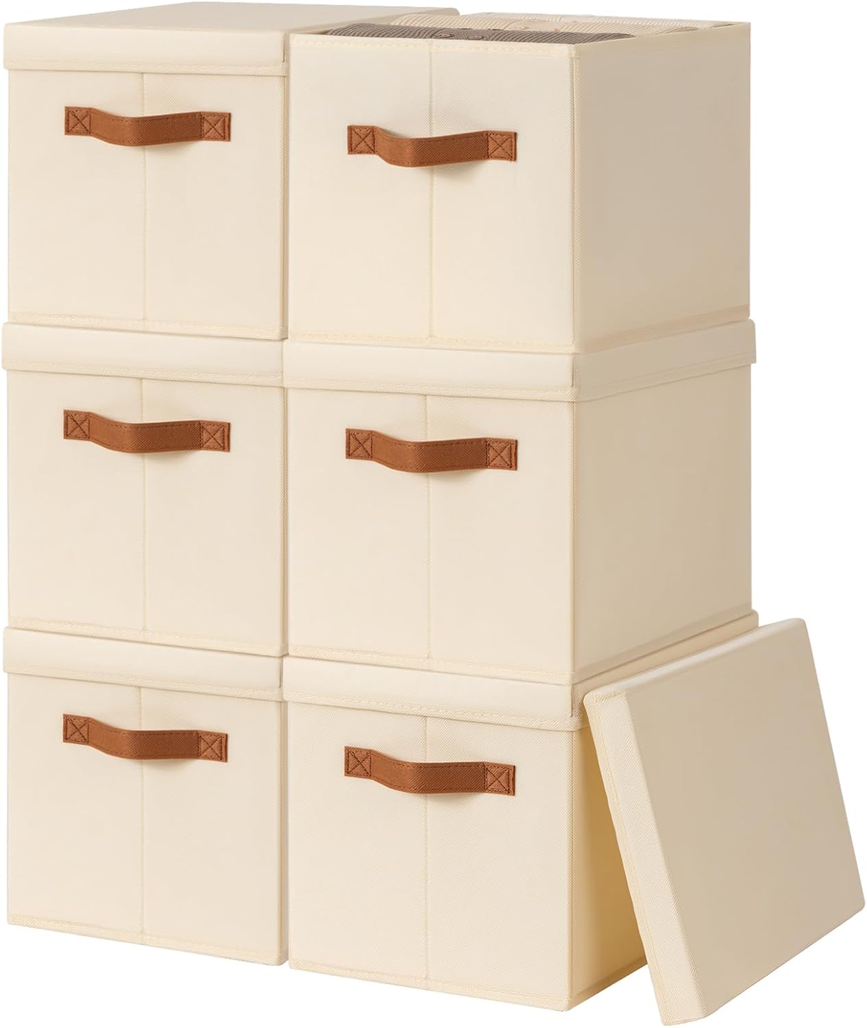Storage Bins with Lids – Fabric Storage Baskets for Shelves, 6 Pack Foldable Decorative Boxes with Handles, Stackable Organizer Bins for Home, Nursery, Dorm, Beige