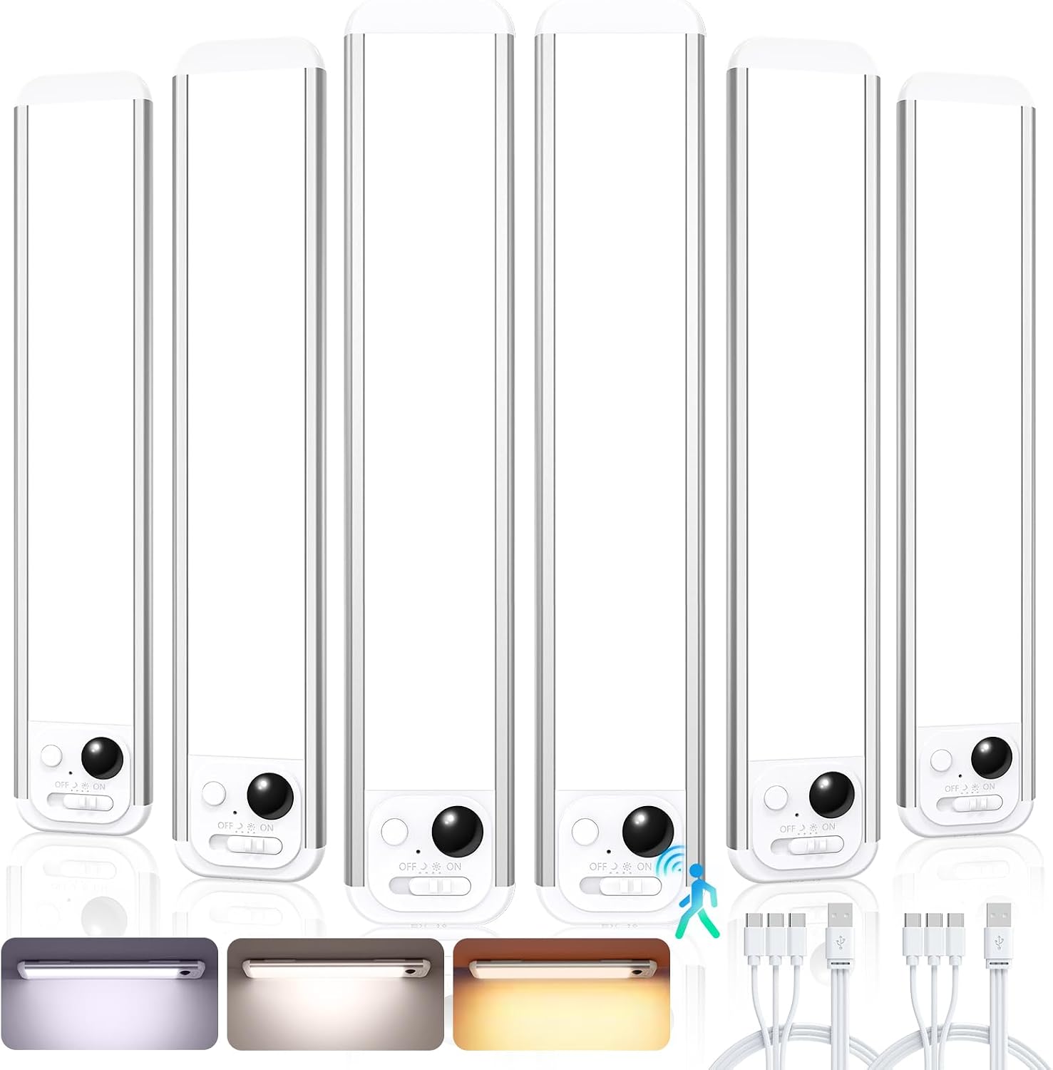 RUIKORING 8.5″ Under Cabinet Lighting 6 Pack, 3 Colors Closet Lights | 48 LED Rechargeable Motion Sensor Light Indoor, Dimmable Under Counter Lights, Stick-On Magnetic Night Lights for Kitchen