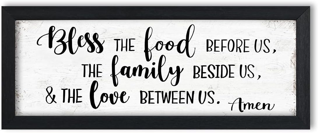 Bless the Food Before Us Wall Decor: Christian Bible Verse Wall Art Farmhouse Kitchen Dining Room Wall Decor Framed Small Plaque with Sayings – The Family Beside Us and The Love Between Us Signs