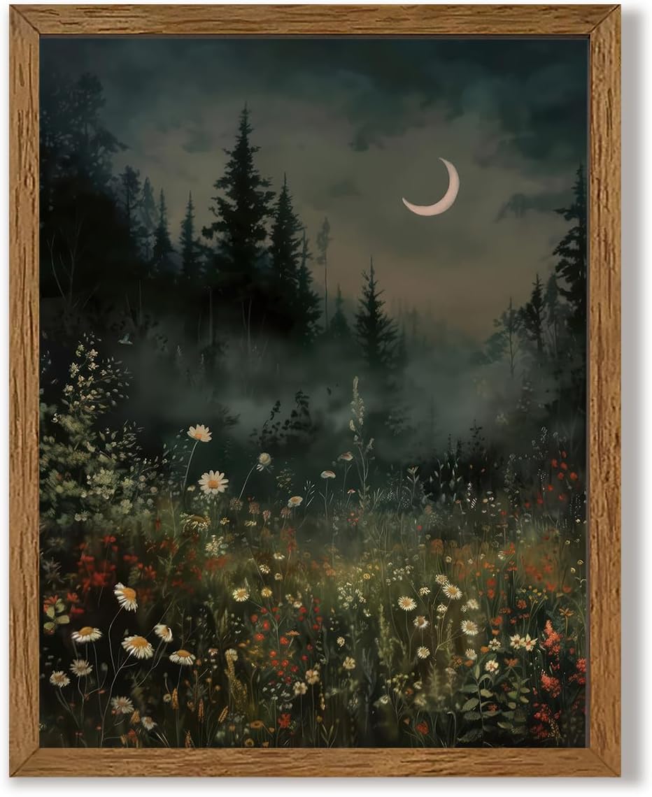 Urmoya Vintage Moonlit Forest Of Flowers Canvas Wall Art, Moon Forest Wildflower Gothic Pictures Wall Decor, Landscape Aesthetic Art Prints For Living Room Bedroom 8×10 inch Wood Framed Ready to Hang
