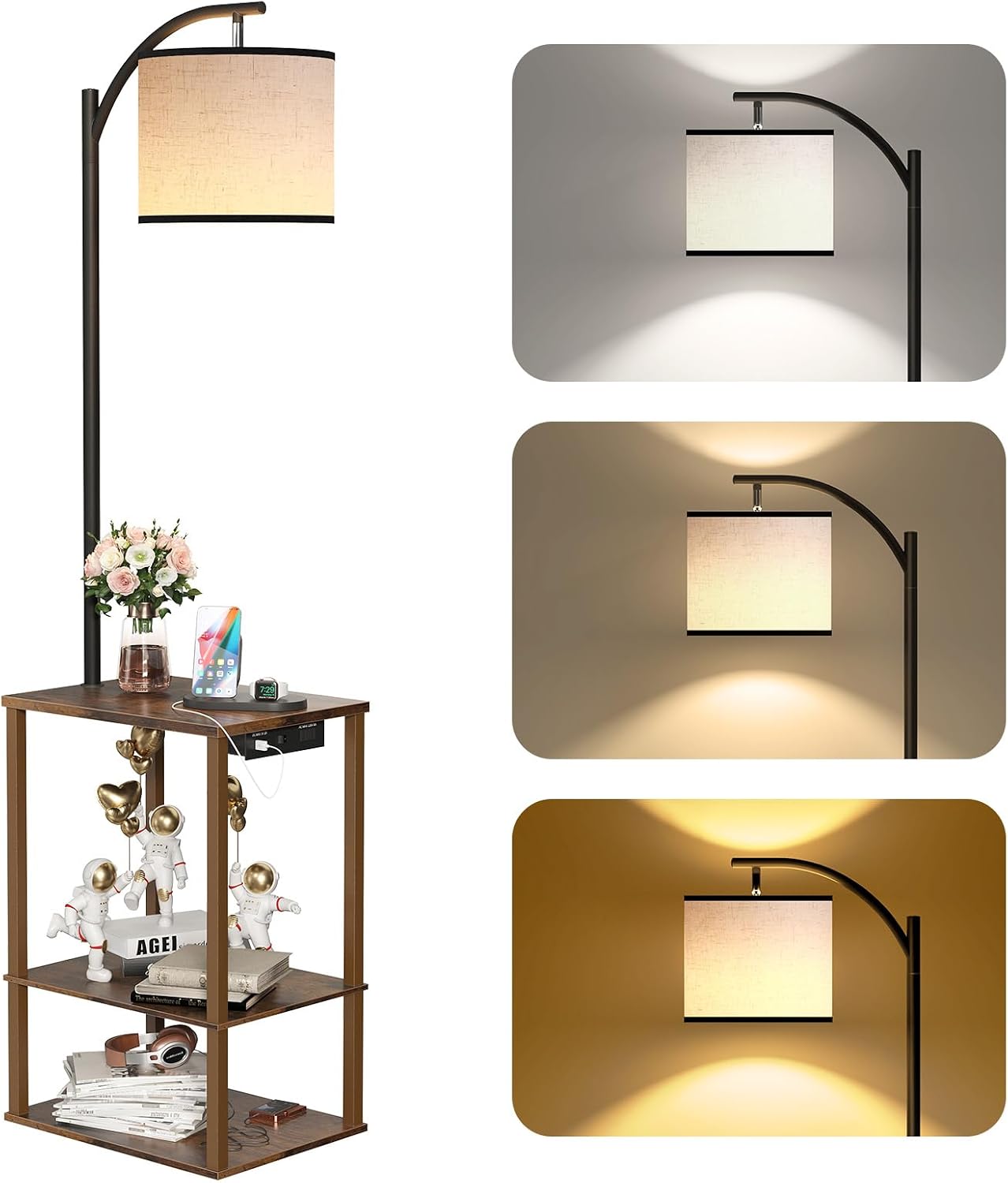 SUNMORY Floor Lamp with Table, End Table for Living Room with Lamp, Shelves Side Table with Charging Station(USB & AC Port), 3 Color Temperature LED Bulb, Modern Nightstand Lamp for Bedroom, Office | USB & AC Charging Stations, 3 Color Temperature 9W LED Bulb, Adjustable Shade, Modern Nightstand Lamps for Bedroom Office