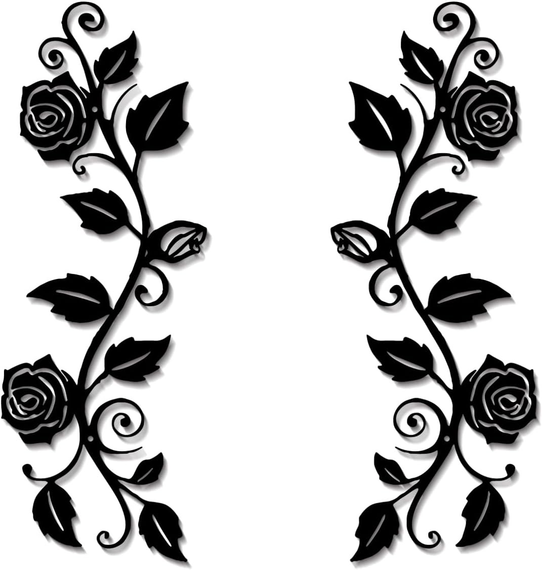 DUOOLN 2 Pcs Metal Rose Tree Leaf Wall Decor, Long Iron Scroll Vine Wall Art Above, Rustic Hanging Sign Flowers Sculpture, For Above Door Living Room Office Indoor And Outdoor Decoration – Black