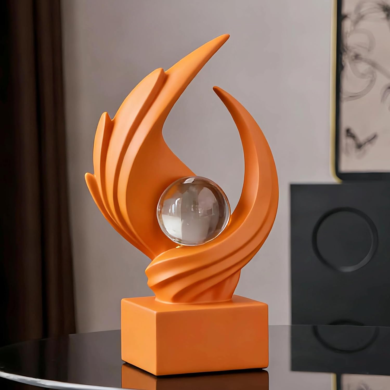 Modern Art Statue Decor, Abstract Swirl-Shaped Sculpture with Glass Ball Resin Art Figurines Centerpiece Sculptures for Home Decor Living Room Stand Coffee Table Office Bookshelf Decoration (orange)