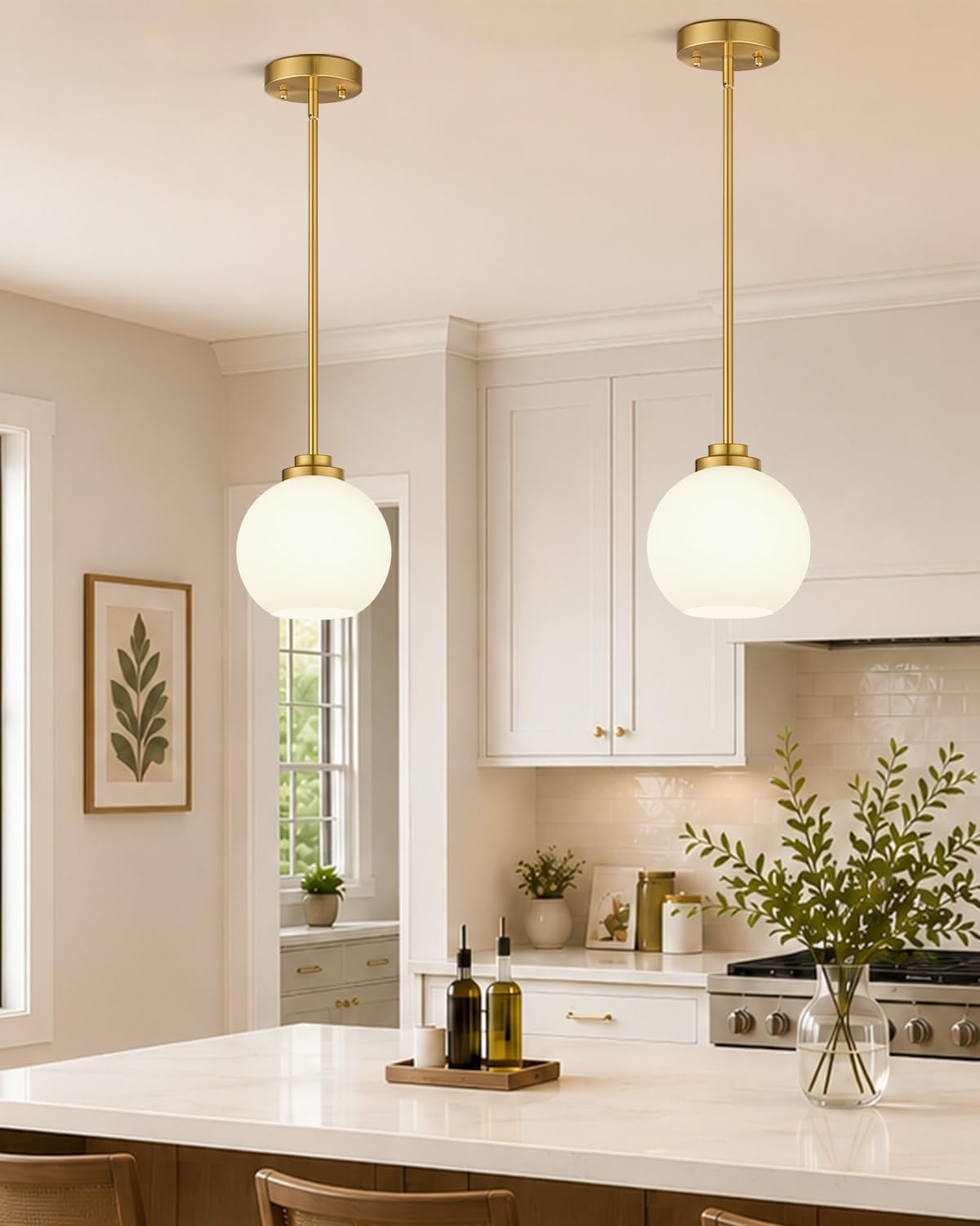 2 Pack Gold Globe Pendant Lights, Mid Century Gold Pendant Light Fixtures, Globe Pendant Lights Kitchen Island with Milk Glass Shade Adjustable Hanging Fixture for Dining Room (Bulbs not Included)