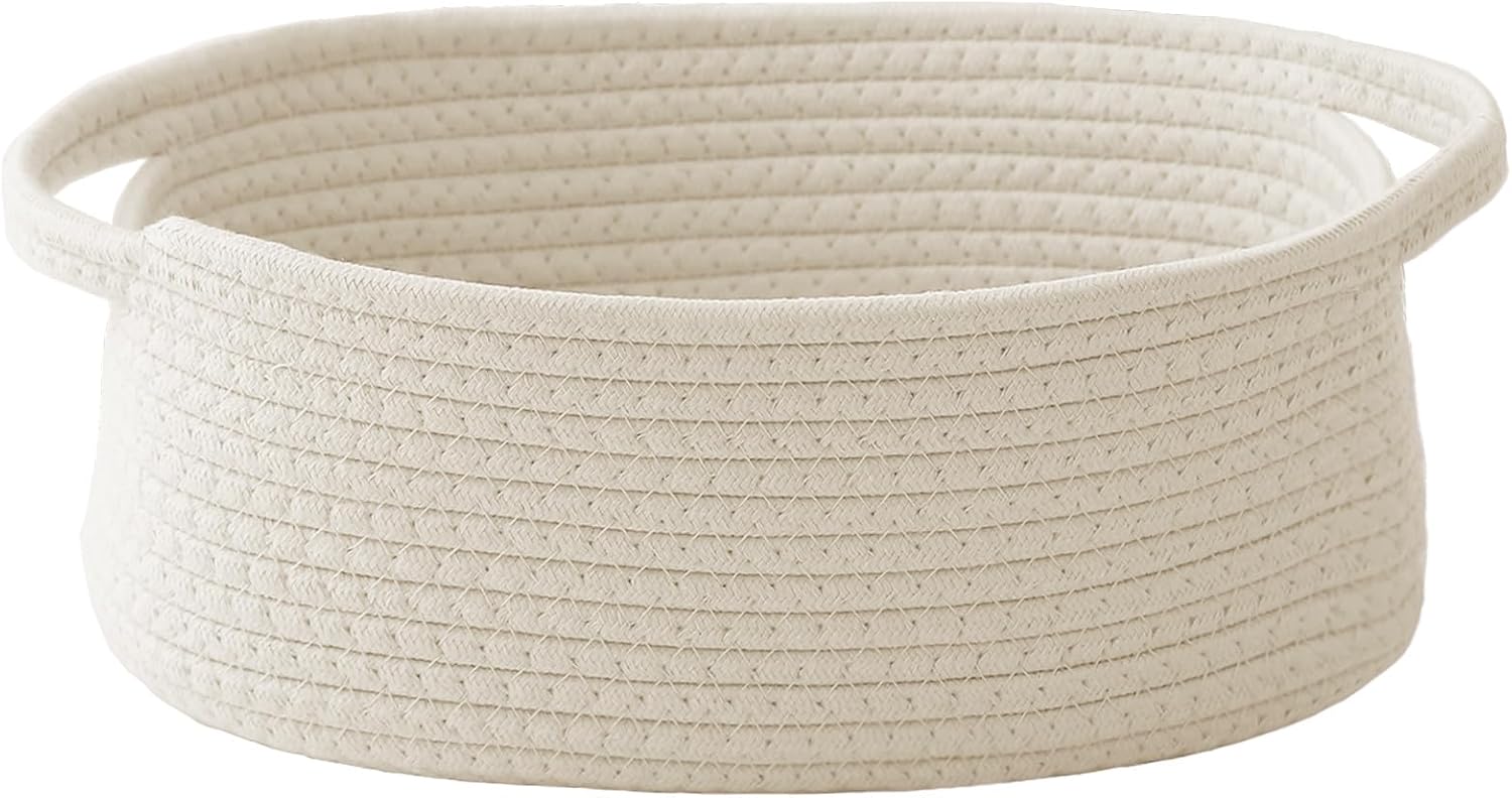 JMvicyroam Woven Basket,Small Rope Storage Bin with Handles & Ribbon Bag, Organizer for Shelves Closets,Gift Basket Empty for Birthday,Books,Dog Toys,White