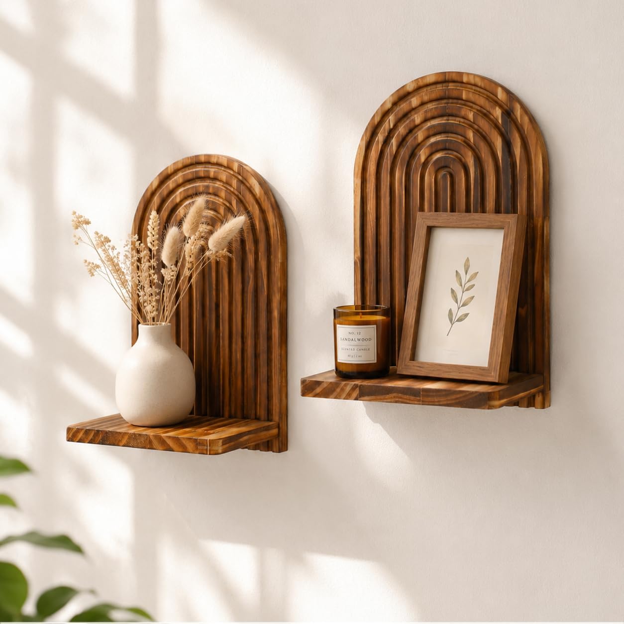 Artilady Shelf Boho Wall Decor, Solid Wood Mid-Century Shelves for Storage | Modern Rustic Plant Candle Holder, Arched Trinket Floating Shelves for Small Space, Hanging Bedroom Living Room Decor, 2 Pack