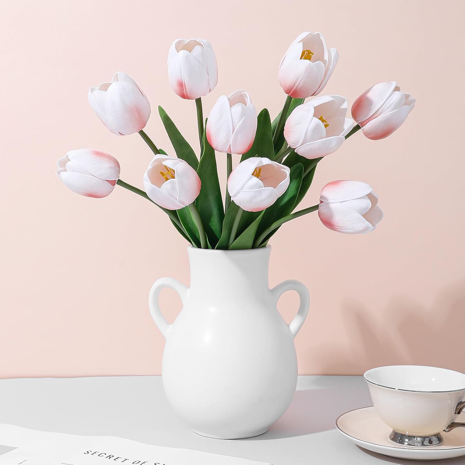 Blush Pink Fake Tulips,18.5″ PU Artificial Tulips Flowers for Spring Easter Home Kitchen Wedding Bouquet Bulk Mother’s Gift Day Decorations