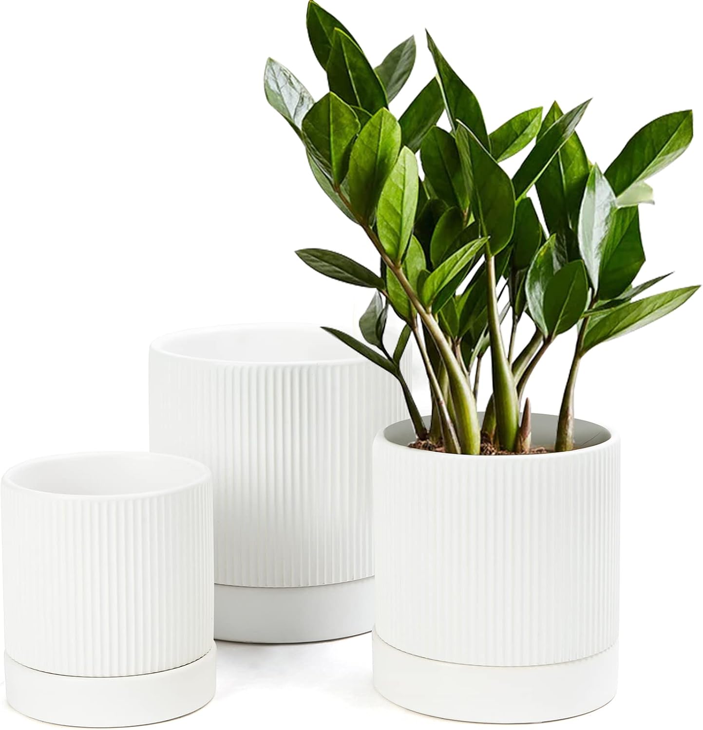 LaDoVita 3 Pack Ceramic Plant Pots 6/5/4 inch, Flowerpot for Indoor Plants with Drainage Holes and Tray, Outdoor Garden Planters, Modern Decorative for Home, White Vertical Stripes | White Vertical Stripes, Outdoor Garden Planters, Modern Decorative for Home