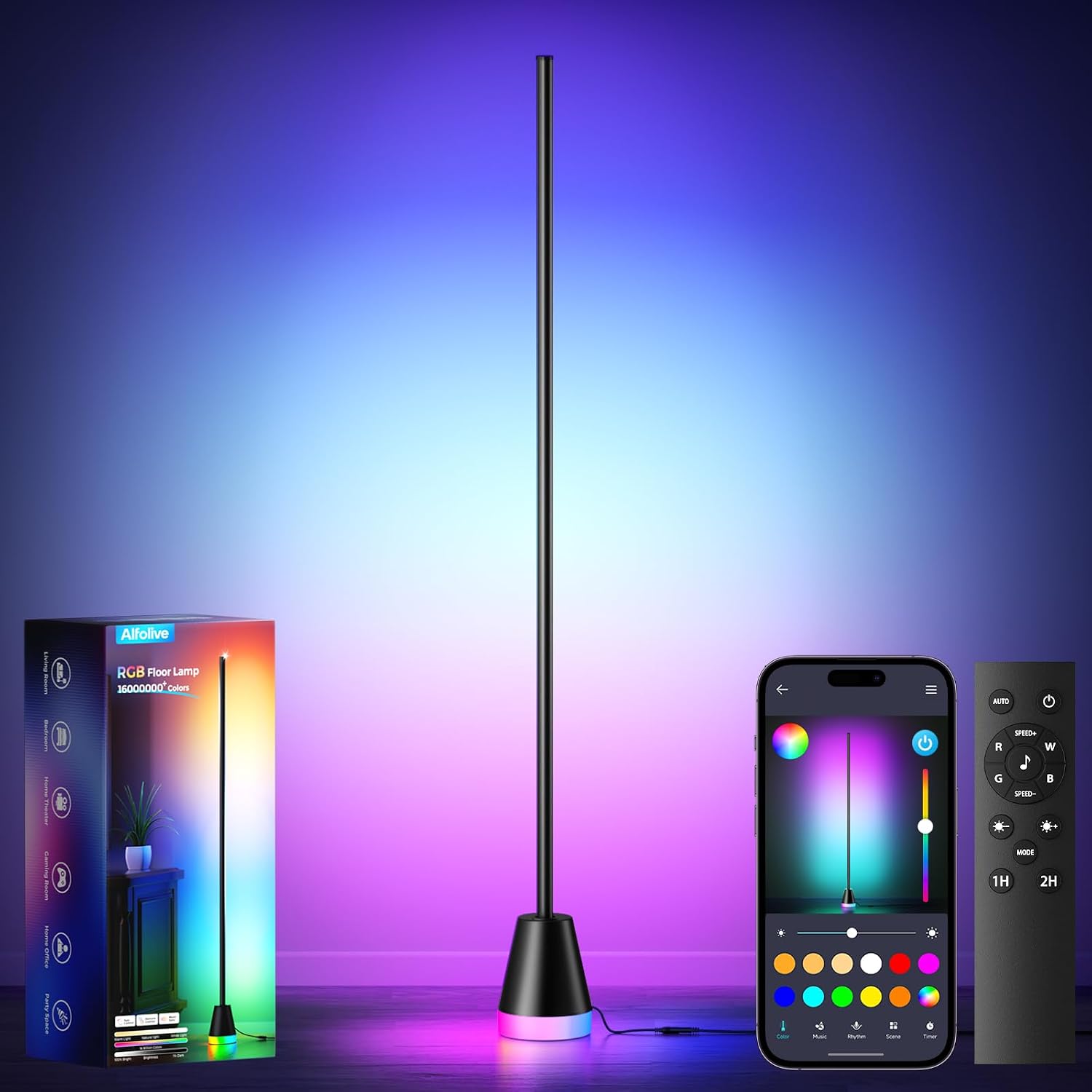 RGBICW Corner Floor Lamp, Modern LED Ambient Lighting, Jet Black | 16 Million Colors, Music Sync Lighting, 1800LM Brightness, with Smart APP/Remote Control, for Living Room Bedroom Gaming Room