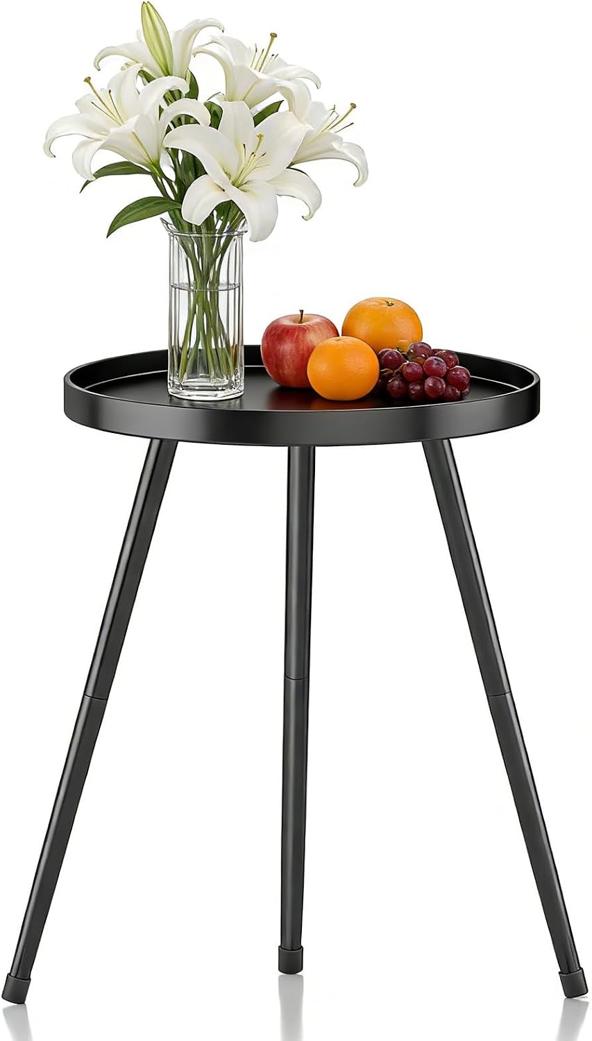 Small Round Black Metal Side Table, Mid-Century End Table for Bedroom Living Room Office