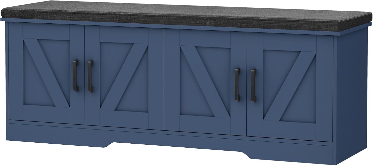 HOMSHO Farmhouse Shoe Storage Bench with 4 Barn Doors & Padded Seat Cushion | 47.2″ Wide Entryway Bench with Adjustable Shelves & Hidden Storage, Blue