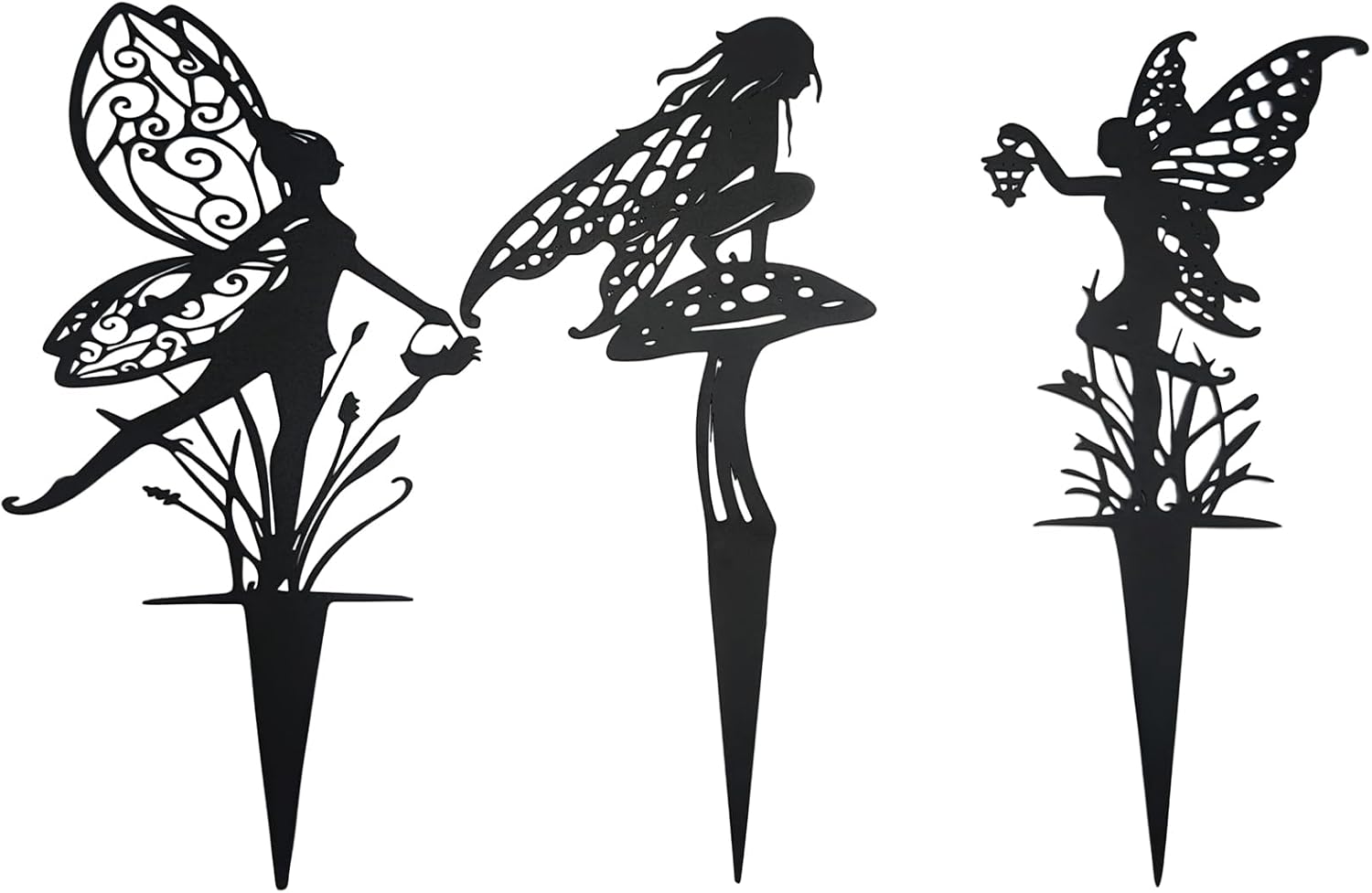 Decorative Garden Stakes， Fairy Garden Stakes, Butterfly Fairy Stakes for Weather Resistant Black Metal Outdoor Decorative Art for Women Gift (Matte Black, 3P-A)