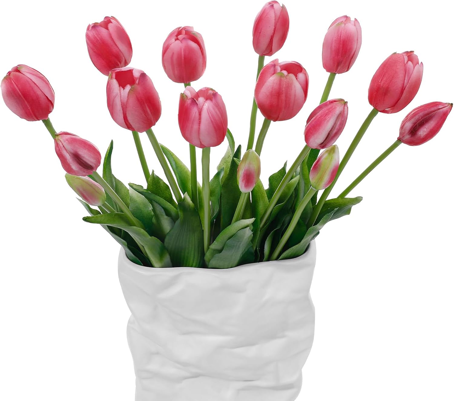 15 Pcs Deep Pink Artificial Tulips Fake Flowers, Premium Latex Lifelike Texture, UV Resistant Waterproof Faux Tulip Bouquets with Snap-on Petals for Outdoor, Home, Wedding Decor