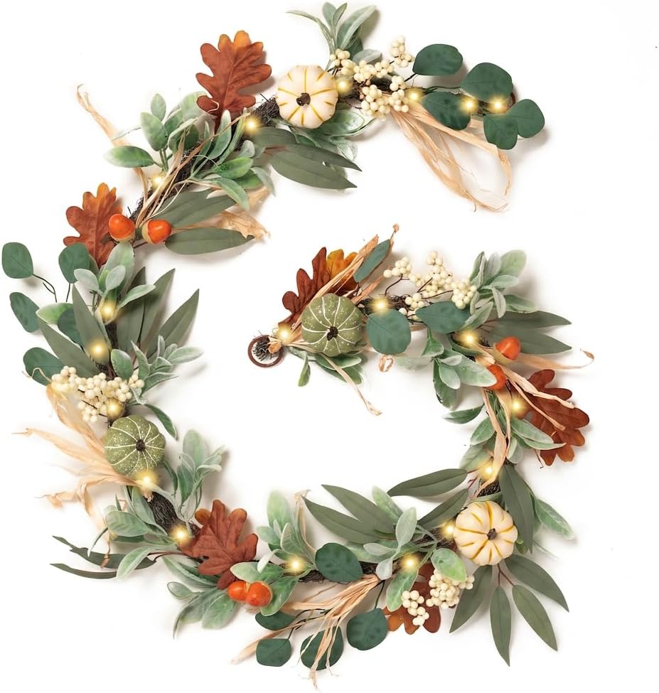 Valery Madelyn 6ft Fall Garland for Mantle with Pumpkins | Lambs Ear Leaves Garland with Lights Autumn Thanksgiving Harvest Table Centerpiece Decorations for Home Porch Fireplace Decor