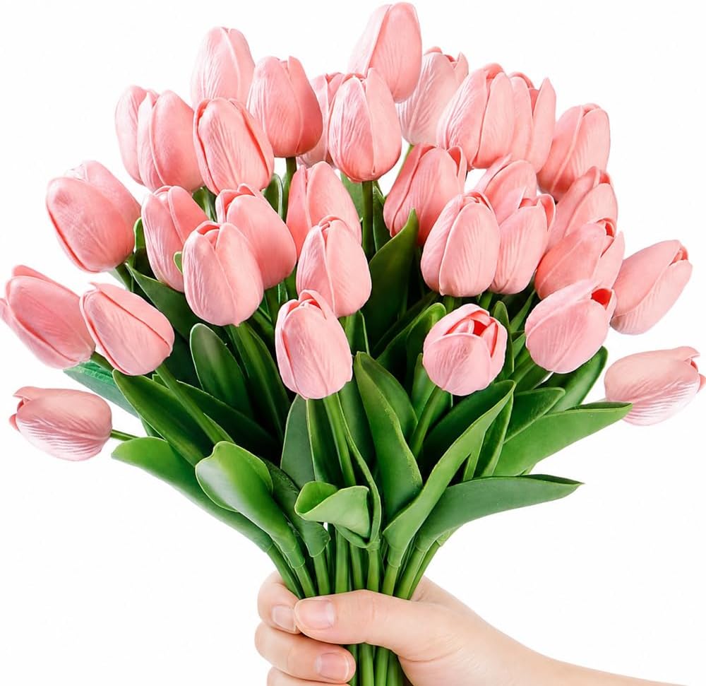 Artificial Tulips 30PCS PU Fake Flowers Pink | Real Touch Single Stem Faux Bouquet Arrangement for Home Party Wedding Decoration