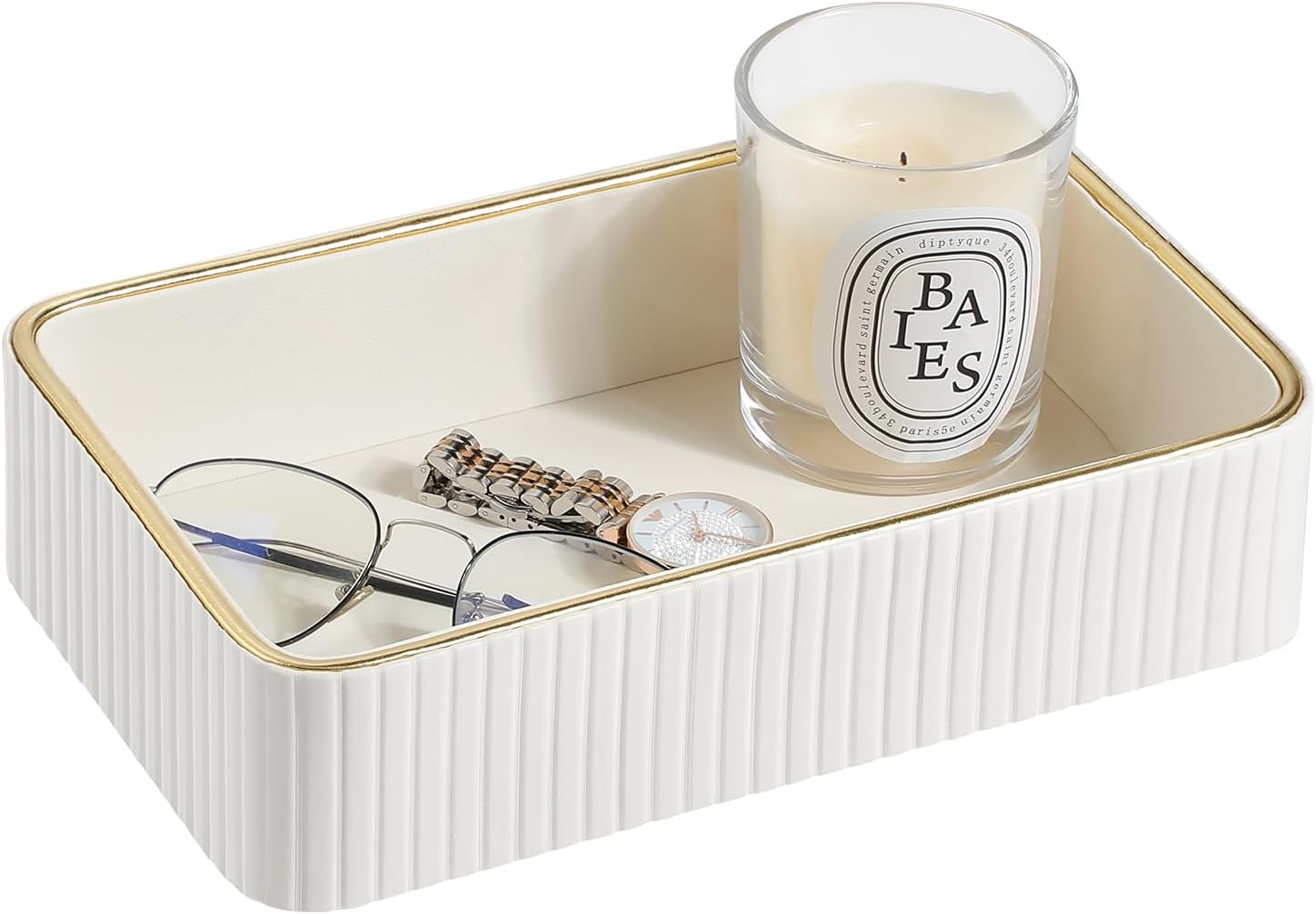 Desk Organizer Tray, PU Leather Nightstand Organizer, Ivory, Small | Decorative Valet Tray for Men Women, Perfume Vanity Trays, Trinket Dish, Key Bowl for Entryway Bedside Table