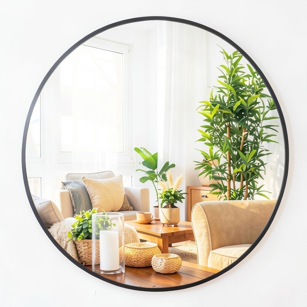 36 Inch Large Round Mirror, Metal Frame Wall Mirror Mounted Black Circle Mirrors, Vanity Mirror Modern Minimalist Wall Décor for Entryway, Bathroom, Washrooms, Living Rooms