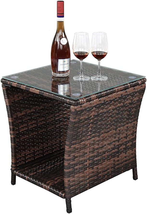 VINGLI Outdoor Wicker Side Table Patio Side Tables for Outside, Tempered Glass Top Wicker Table with Storage End Table for Balcony Porch Deck (Brown)