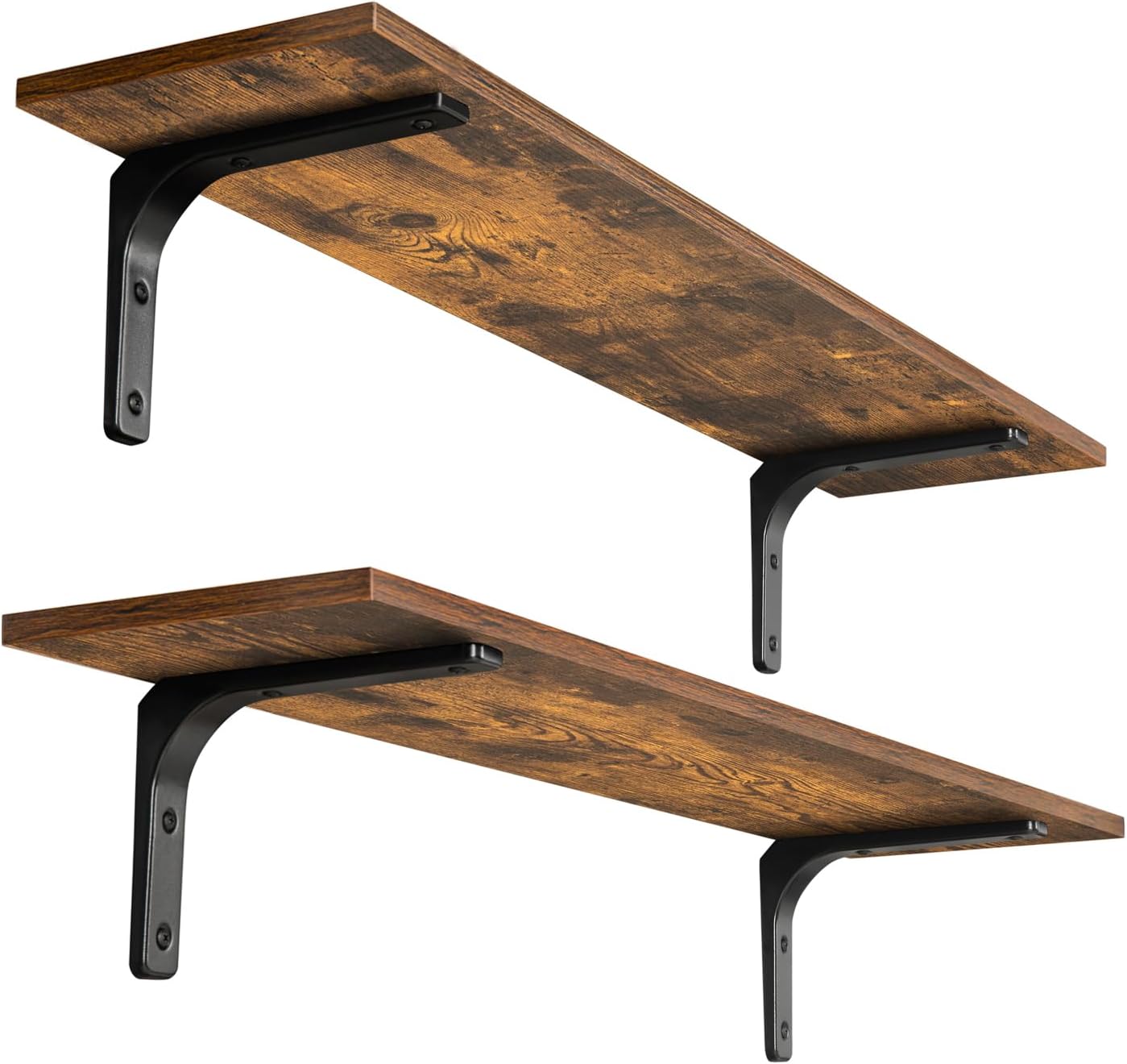DINZI LVJ Long Wall Shelves, 31.5Inch Wooden Wall Mounted Shelves, Set of 2 | Floating Book Shelf, Metal Bracket Easy Assembly, Max Load 22lbs, Wall Storage Ledges, Bedroom/Bathroom/Kitchen, Rustic Brown