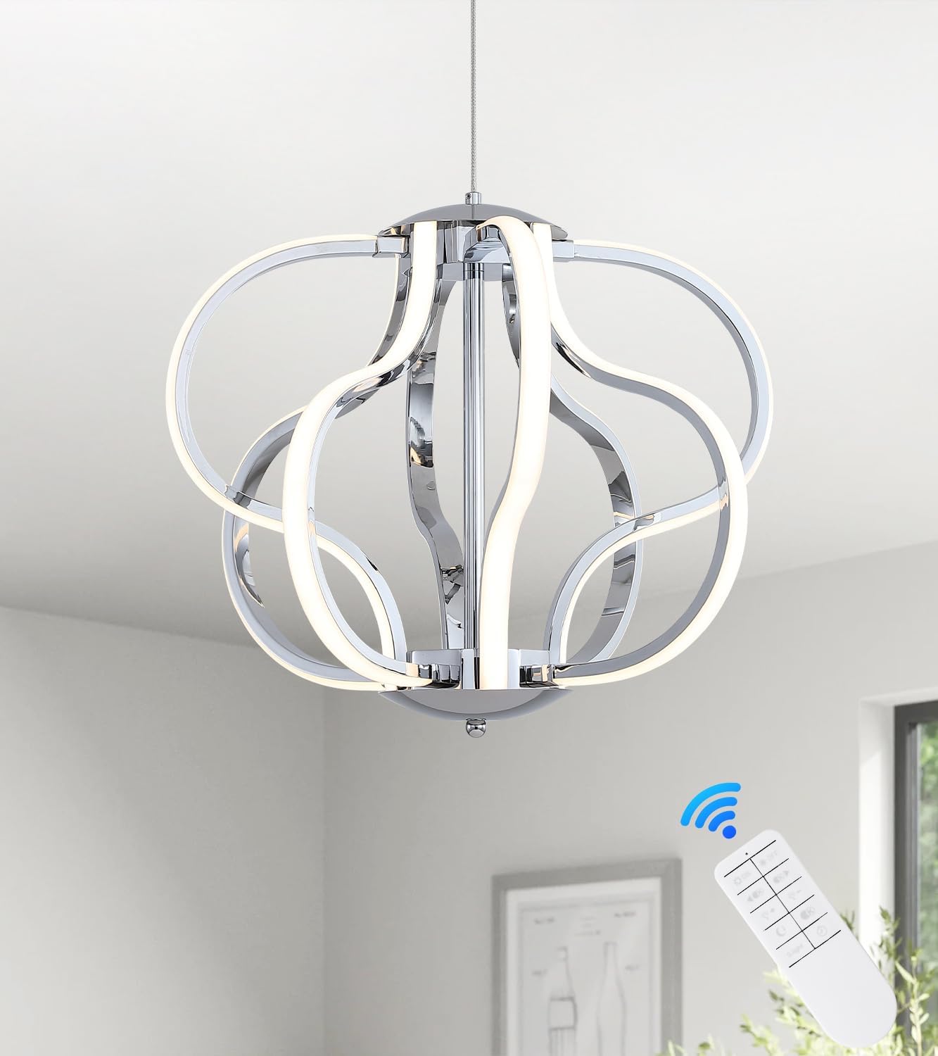 Modern Chrome LED Chandelier with Remote Control, Dimmable LED Chandelier with 3 Color Temperature,8 Lights Hanging Pendant Lights for Dining Room Foyer Entryway Kitchen Living Room