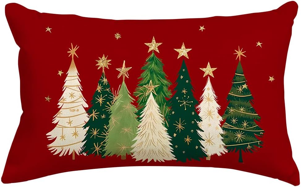 RABUSOFA Christmas Tree Pillow Covers 12×20 Watercolor Stars Xmas Decor | Red Christmas Decorative Throw Pillows,Not Insert,Machine Washable,Winter Holiday Decoration for Home Couch Farmhouse