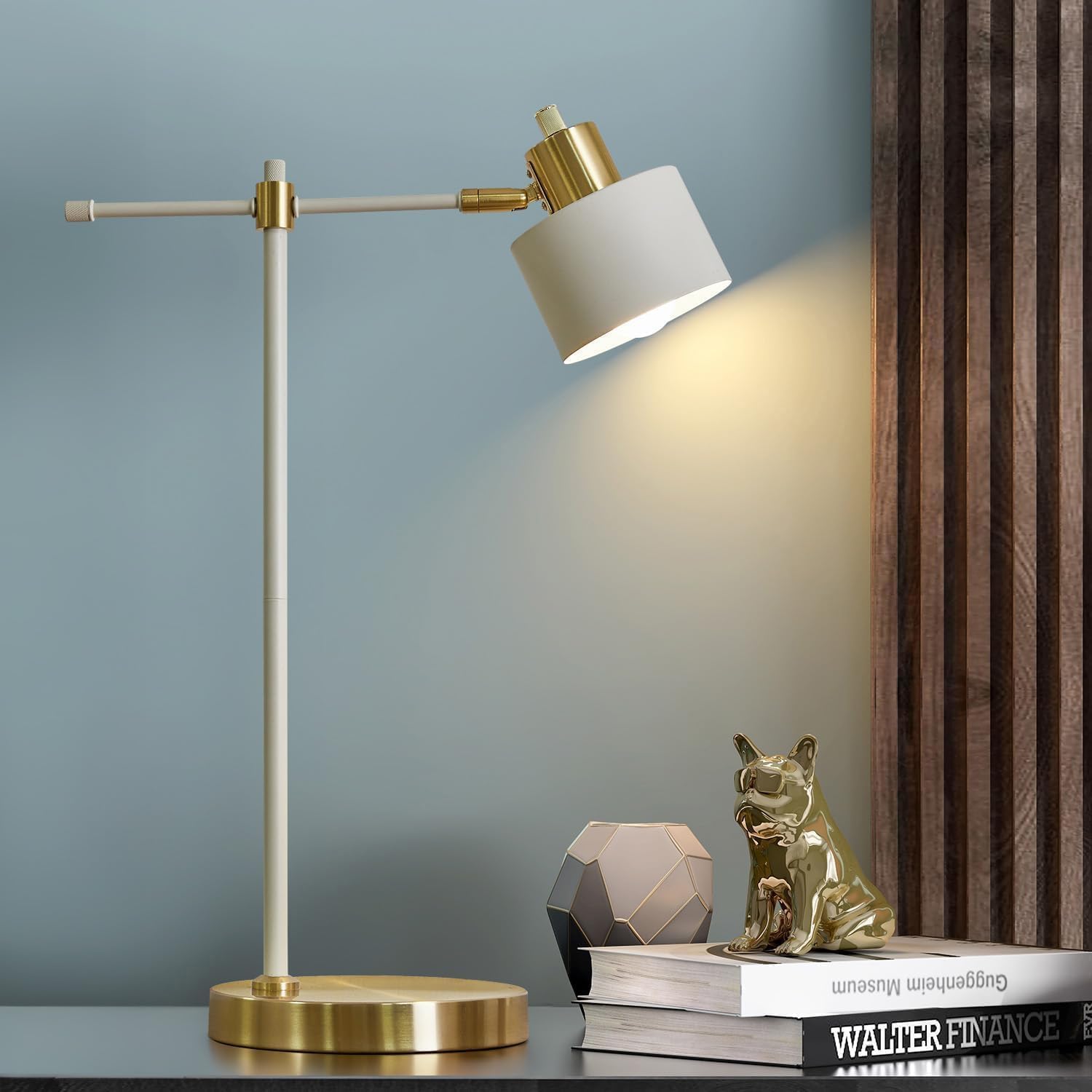 OYEARS 22.2″ Modern Desk Lamp, Metal Table Lamp with LED Bulb, Adjustable Reading Lamps for Living Room, Mid Century Nightstand Lamp for Home Office, Industrial Bedside Lamps, Cream and Gold