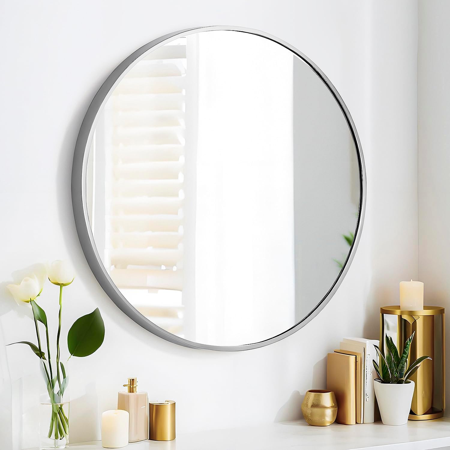SCWF-GZ 24″ Round Mirror Circle Wall Mounted Hanging/Against Wall Silver | HD Crystal Clear No distortion Tempered Glass,Aluminum Frame,Make-Up Mirrors for Bedroom,Entryway,Bathroom,Living Room