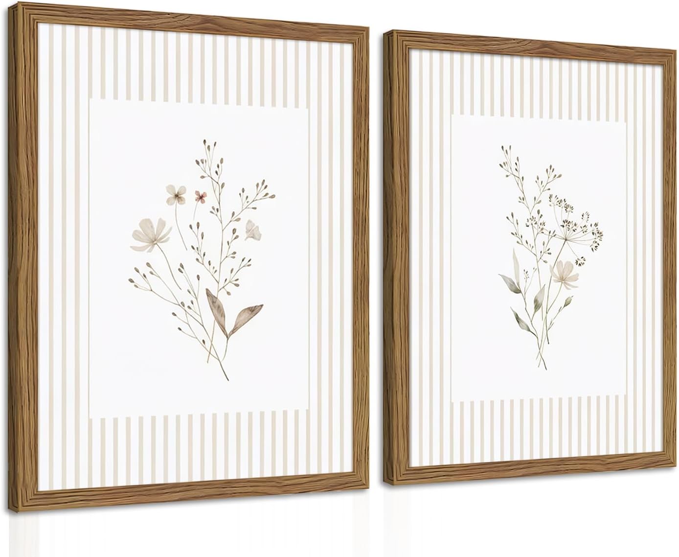 Neutral Wildflower Wall Art Set of 2, Vintage Flower Botanical Wall Decor Painting, Rustic Cottagecore Striped Floral Prints Pictures for Living Room Bedroom 16×24 Inch Framed