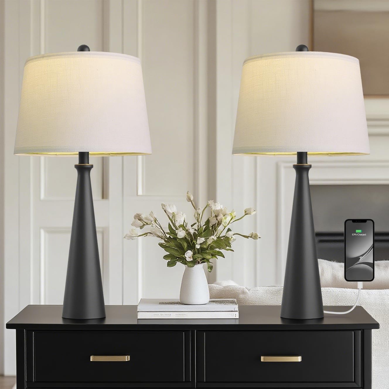 Oneach 25.75″ Modern Table Lamp Set of 2, Bedside Lamps with USB Ports, Black Nightstand Lamps Set for Living Room Bedroom House Bedside Home Office Family