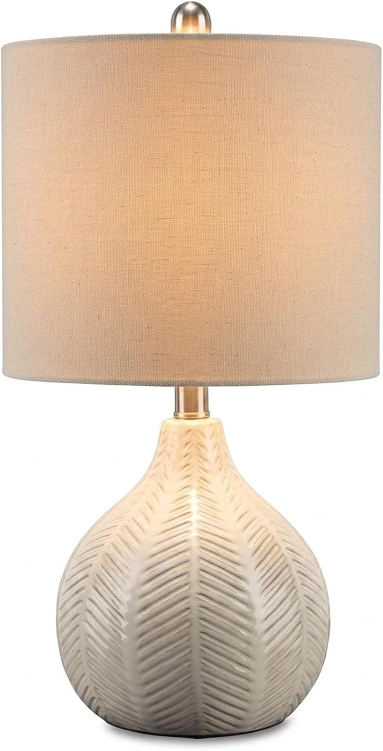 Signature Design by Ashley Rainermen Casual Ceramic Table Lamp, Transparent White Glaze Finish, Drum Hardback Fabric Shade, 11″ W x 11″ D x 21″ H, Off White