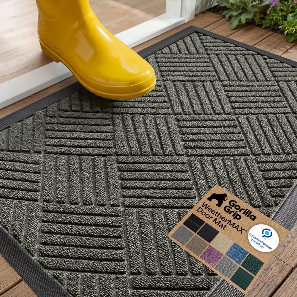 GORILLA GRIP 100% Waterproof All-Season WeatherMAX Doormat US Designed Natural Rubber, Stain Fade Resistant, Low Profile Indoor Outdoor Door Mats, Easy Clean, 29×17 Gray Diamond
