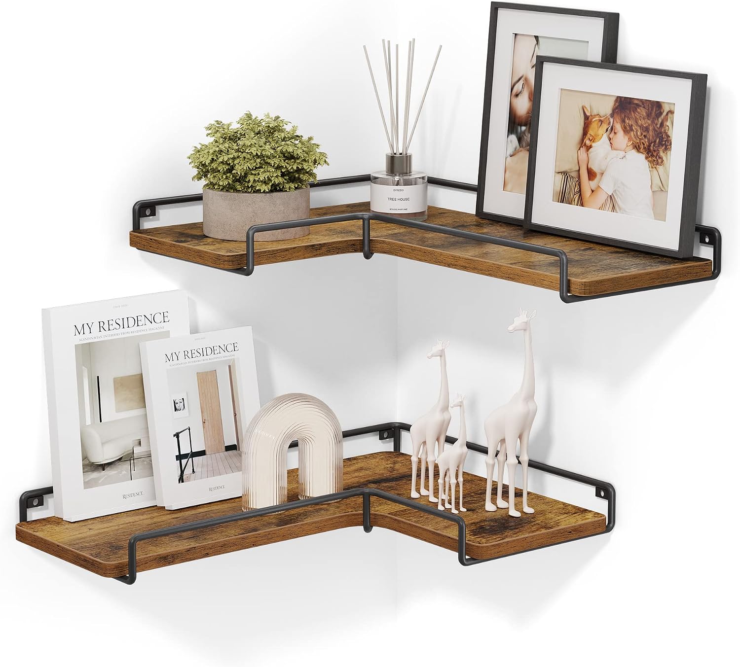 VASAGLE Corner Shelf Wall Mount Set of 2, Floating Shelves, Small Wall Shelf for Decor Storage, for Living Room Bedroom Kitchen Bathroom, Rustic Brown and Black ULLS831B01