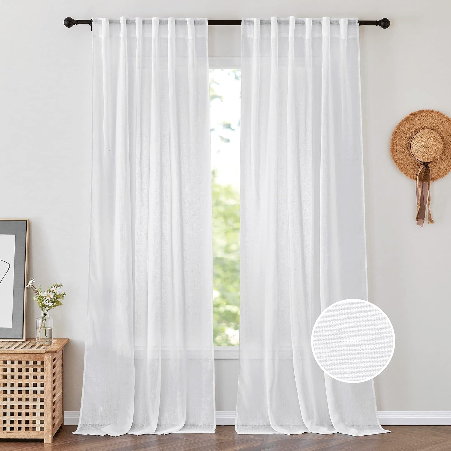 PONY DANCE White Sheer Curtains 96 inches Long – Floor to Ceiling Curtains Living Room Window Treatments Natural Linen Blended Sheer Drapes for Bedroom, 52 Wide Each Panel, 2 Panels