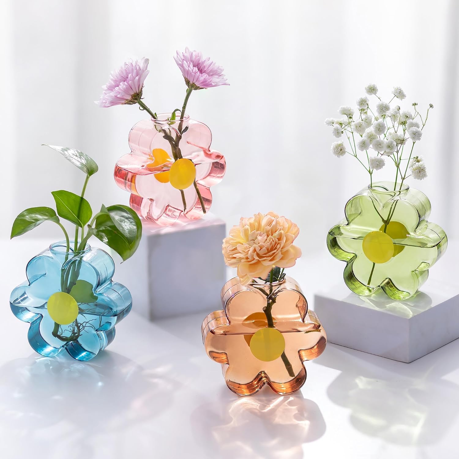 Hewory Unique Small Vases for Flowers: Colorful Vase Set Girly Home Shelf Decor – Cute Glass Bud Vases for Centerpieces Modern Living Room Office Bedroom (Pink & Blue & Green & Amber)