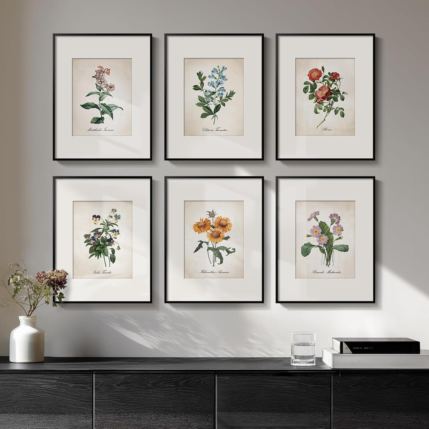 Framed Botanical Floral Wall Art, Set of 6 Vintage Wildflower Prints with Mat, Rustic Farmhouse Nature Flowers Artwork for Bedroom Living Room Hallway Dining Room Modern Neutral Home Decor, 11×14 In
