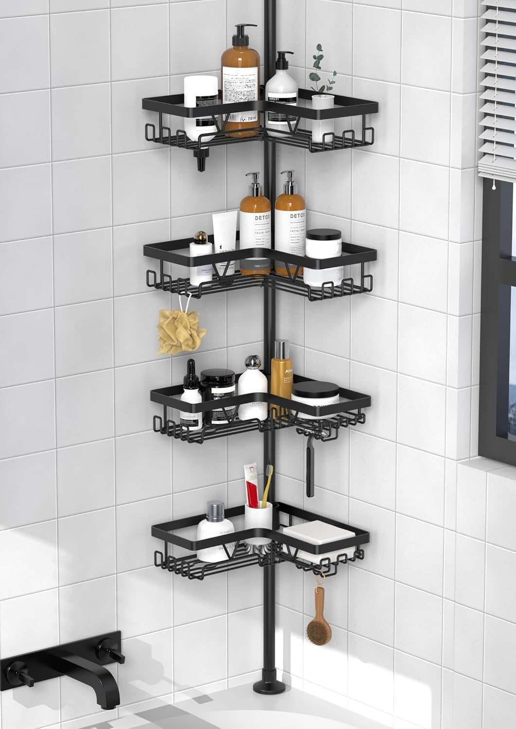 KEGII Corner Shower Caddy Tension Pole – Shower Tension Rod Organizer, Floor to Ceiling Shower Caddy 25-114.2 inch, Towel Rack Corner Waterproof, Black | 28 Hooks with Soap and Razor Holders, Heavy Duty 4-Tier Shelves for Family Bathtubs and Renters, Adjustable 25-114.2 inch