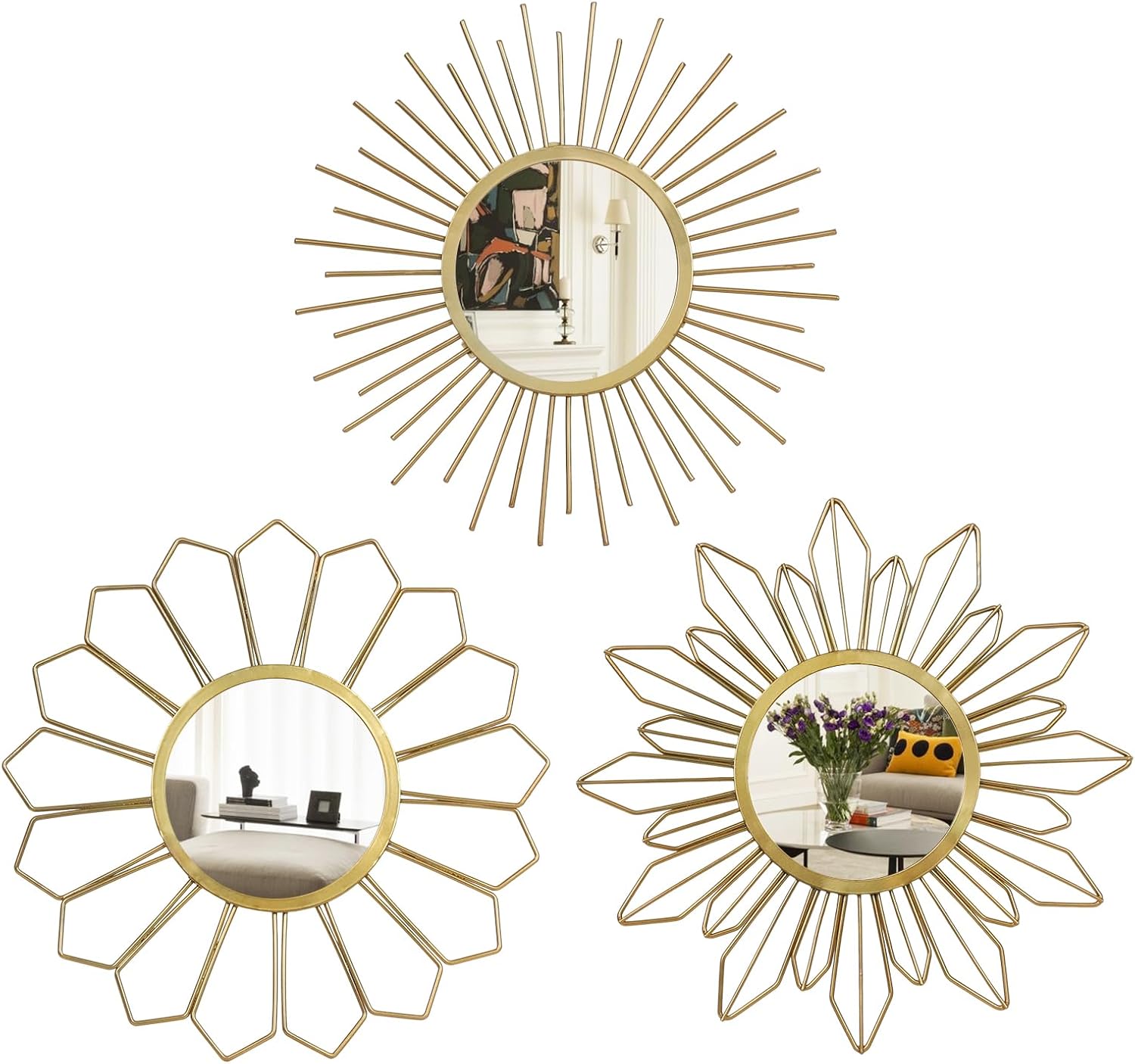 hogardeck Metal Mirrors Wall Decor – 3 Pcs 11″ Metal Sunburst Flower Wall Mirrors Home Décor, Decorative Hanging Wall Art for Living Room, Bedroom, Kitchen, Bathroom, Entryway