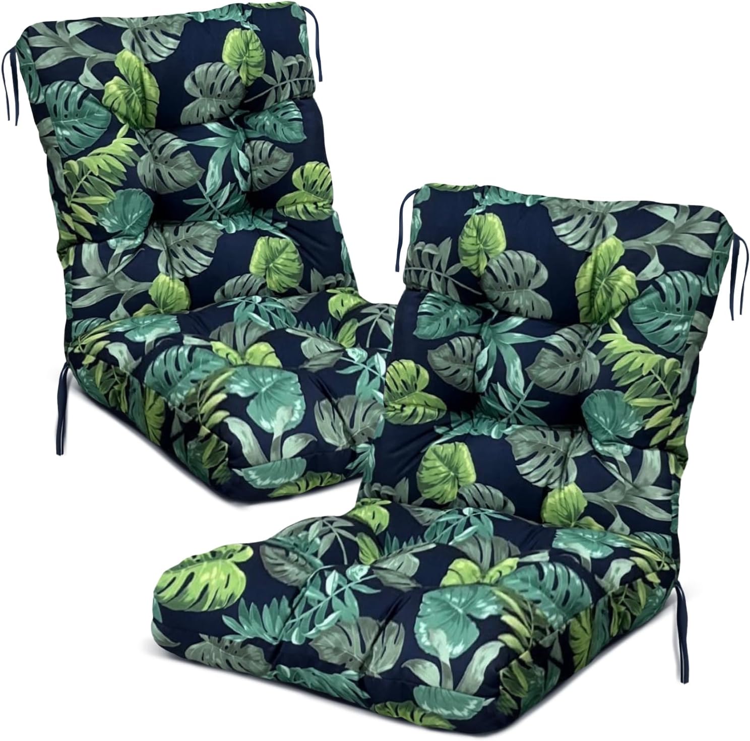 Outdoor Wicker Chair Cushions Set of 2 Printed Flower Patio Chair Cushion with Back and Ties,Outdoor Dining Chair Pads Waterproof 41.7″*20.8″*3.9″ Green Printing