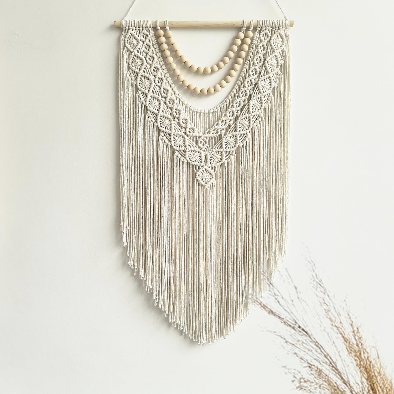 guzhiou Macrame Wall Hanging Boho Geometric Woven Tapestry Cotton Handmade Bohemian Art Decor with Wood Bead Wall Decor for Bedroom Living Room Apartment Nursery 31.5″ L x 17″ W (Wood bead-B)