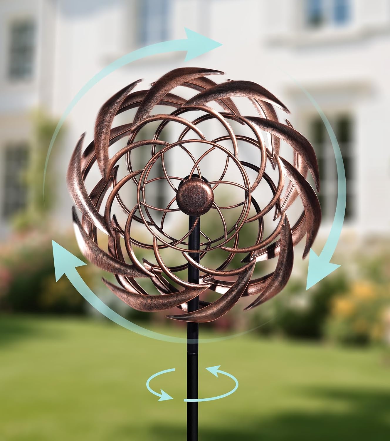 63″ Copper Wind Spinner Metal Bronze Antique Clockwork Garden Yard | Antique Garden Art, Rustproof bronze sundial spinner, Whisper-quiet dual-bearing kinetic motion, Stable 5-prong stake