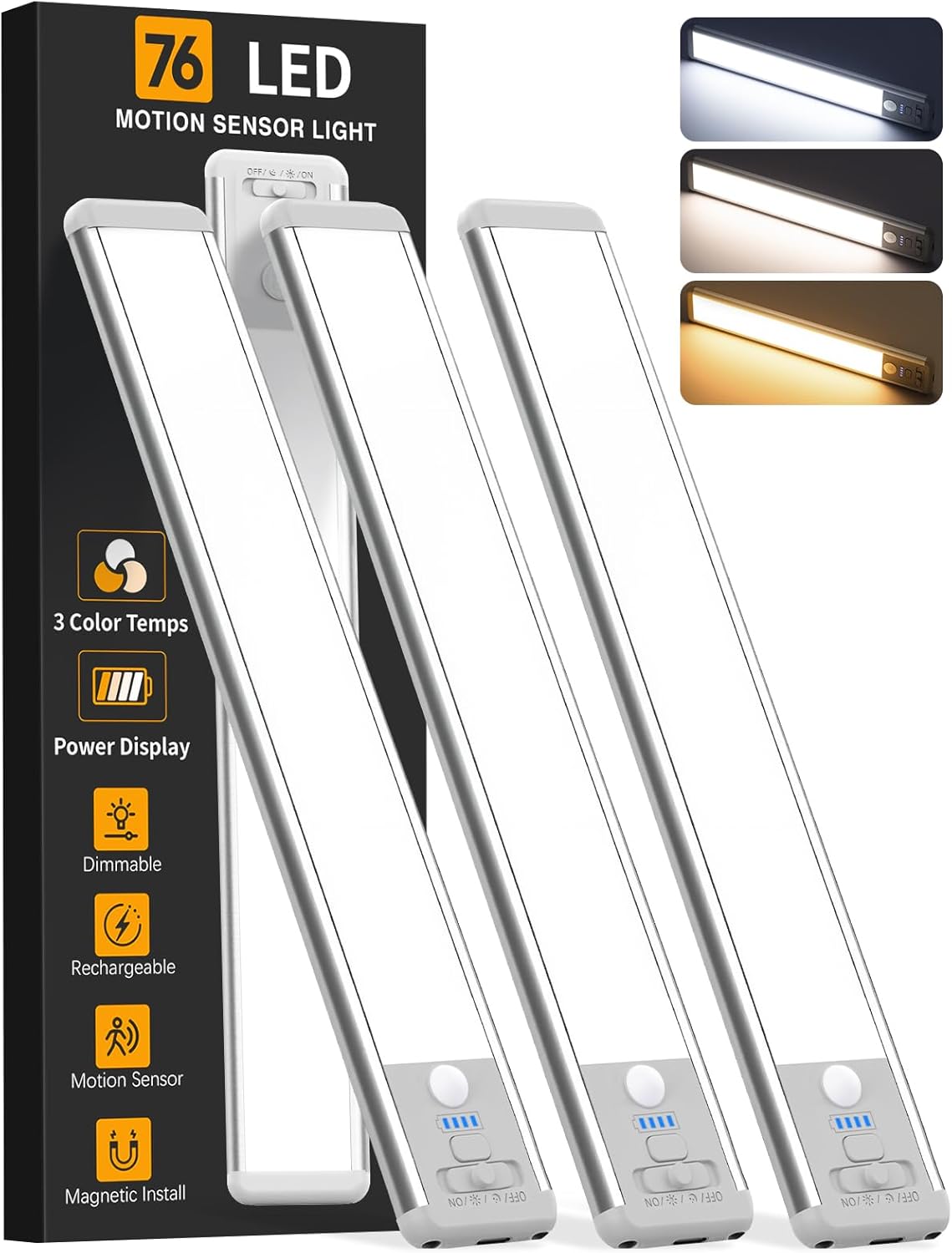 Under Cabinet Lighting Wireless, 10inch Motion Sensor Light Indoor, 3Pack | Rechargeable, 3 Color Temps, Dimmable, Power Display, LED Closet Light Magnetic, Under Counter Lights for Kitchen Shelf Home