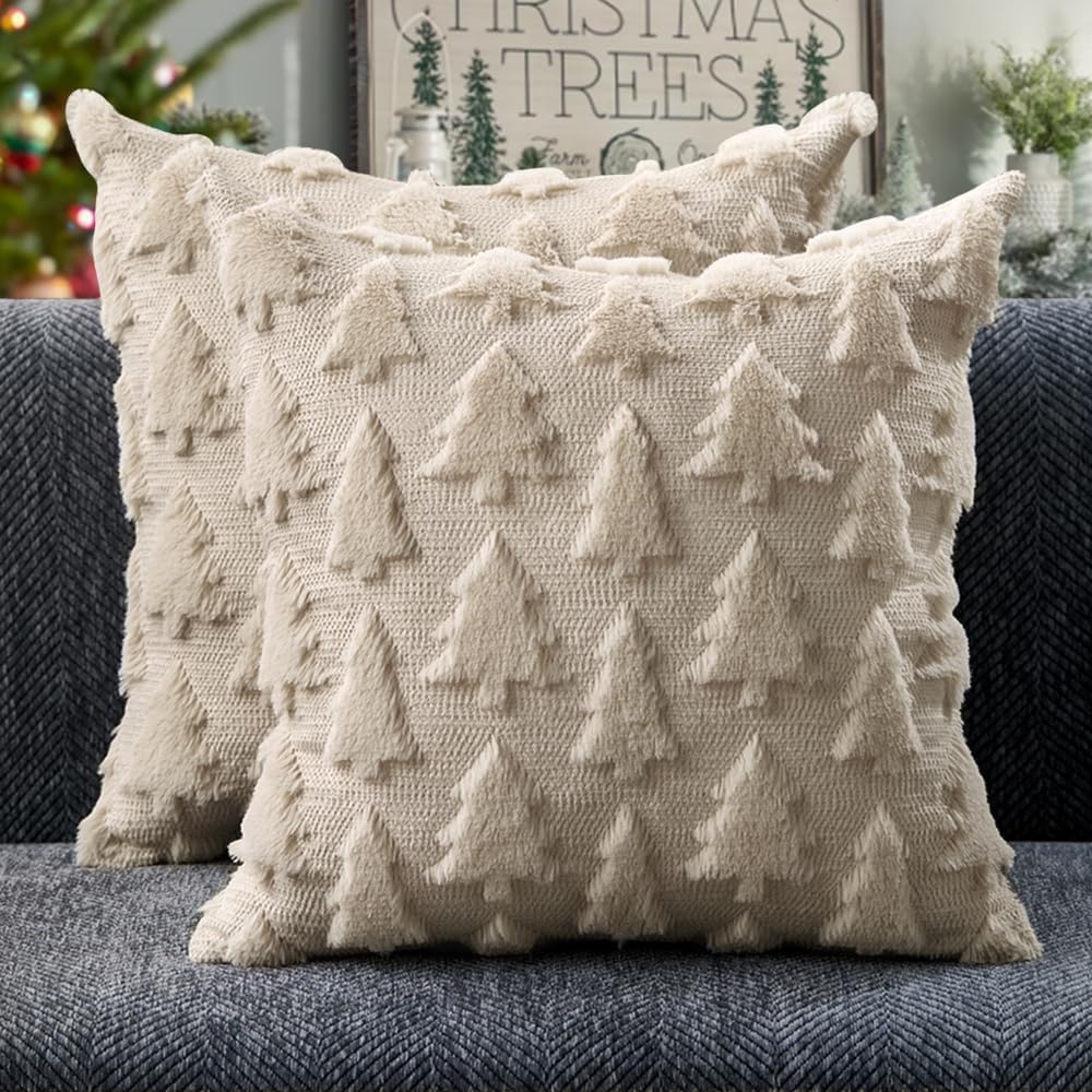 DFXSZ Christmas Tree Pillow Covers 18×18 inch Set of 2 Christmas Decoration Beige Soft Plush Faux Fur Jacquard Throw Pillows for Bedroom Sofa Holiday Festivals Winter Home Decor PTK006C18