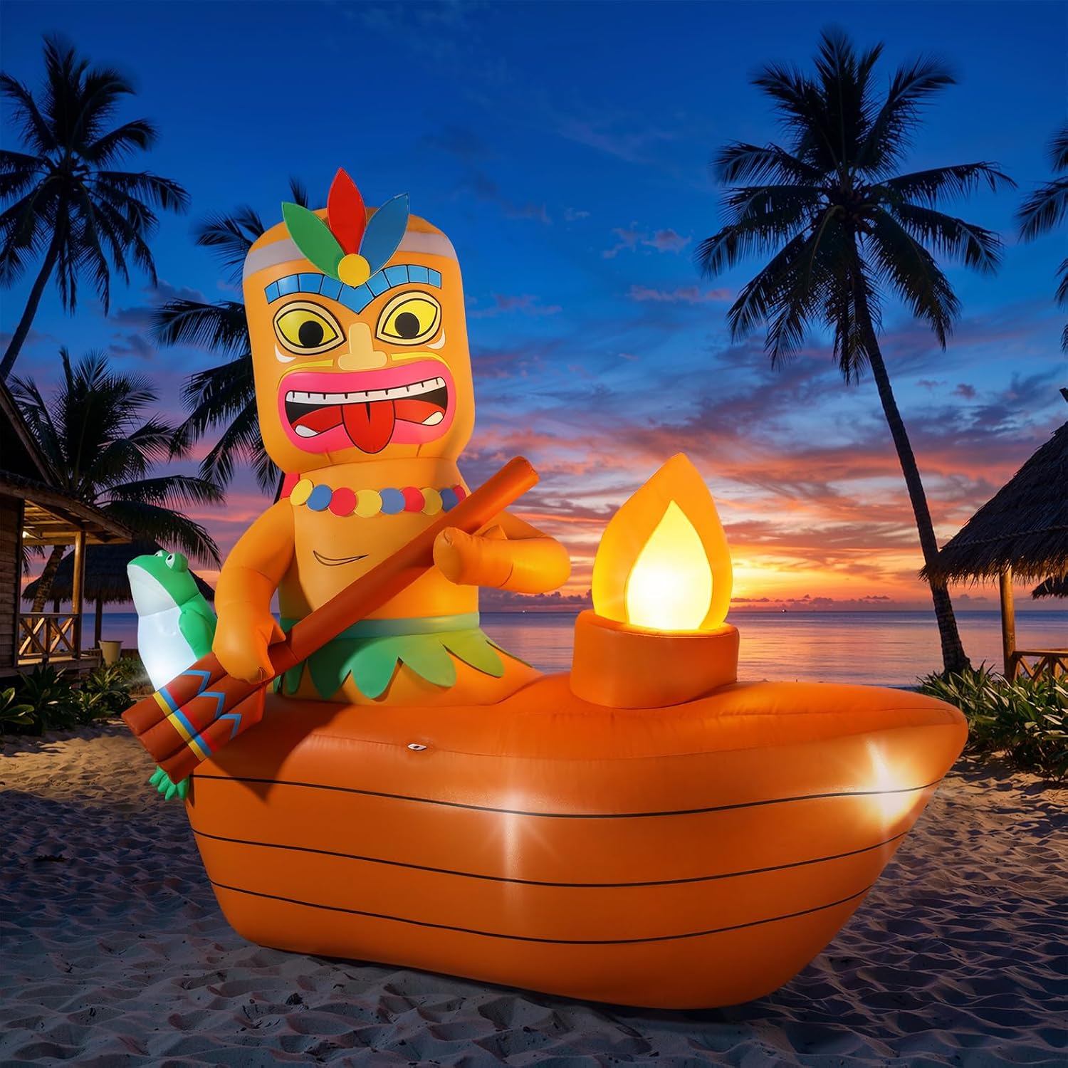 Lewondr 5FT Inflatable Tiki Luau Decor, Boat Luau Party Decorations | Blow up Hawaiian Outdoor Decorations with 6 LED Lights, Summer Outdoor Inflatables for Tropical Pool Beach Yard Lawn