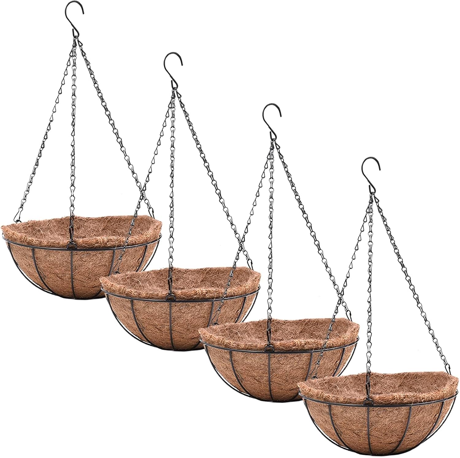 EIMQUVW 4 Pack Hanging Planter Basket with Coco Coin Liner 8 inch Hanging Flower Pots Outdoor Decorative Round Wire Plant Holder with Chain Metal Hanging Baskets for Plants Outdoor