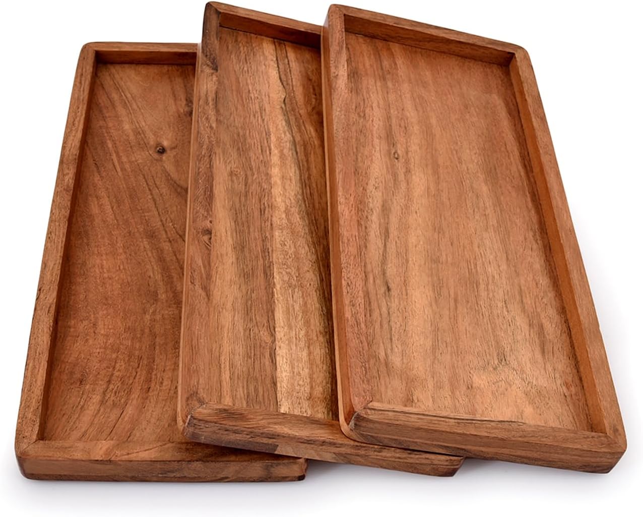 Acacia Wood Rectangular Wooden Platters for Home Decor, Food, Vegetables, Fruit, Charcuterie, Appetizer Serving Tray (13″ x 5.5″ x 0.75″) (Set of 3)